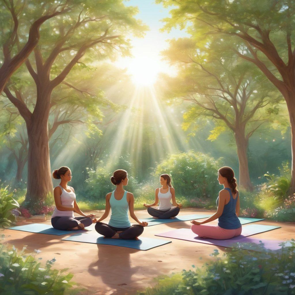 A serene scene depicting a diverse group of individuals engaged in healthy activities, such as cooking nutritious meals, practicing yoga, and sharing support in a garden setting. Incorporate symbols of nutrition, wellness, and mental resilience, like fresh vegetables, yoga mats, and positive affirmations floating in the air. The background features soft sunlight filtering through trees, symbolizing hope and renewal. soft pastel colors. illustration style.